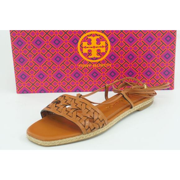 Tory Burch Basketweave Woven Ankle Wrap Espadrille Sandal Size 8 Tie Strap $245 - Picture 1 of 11